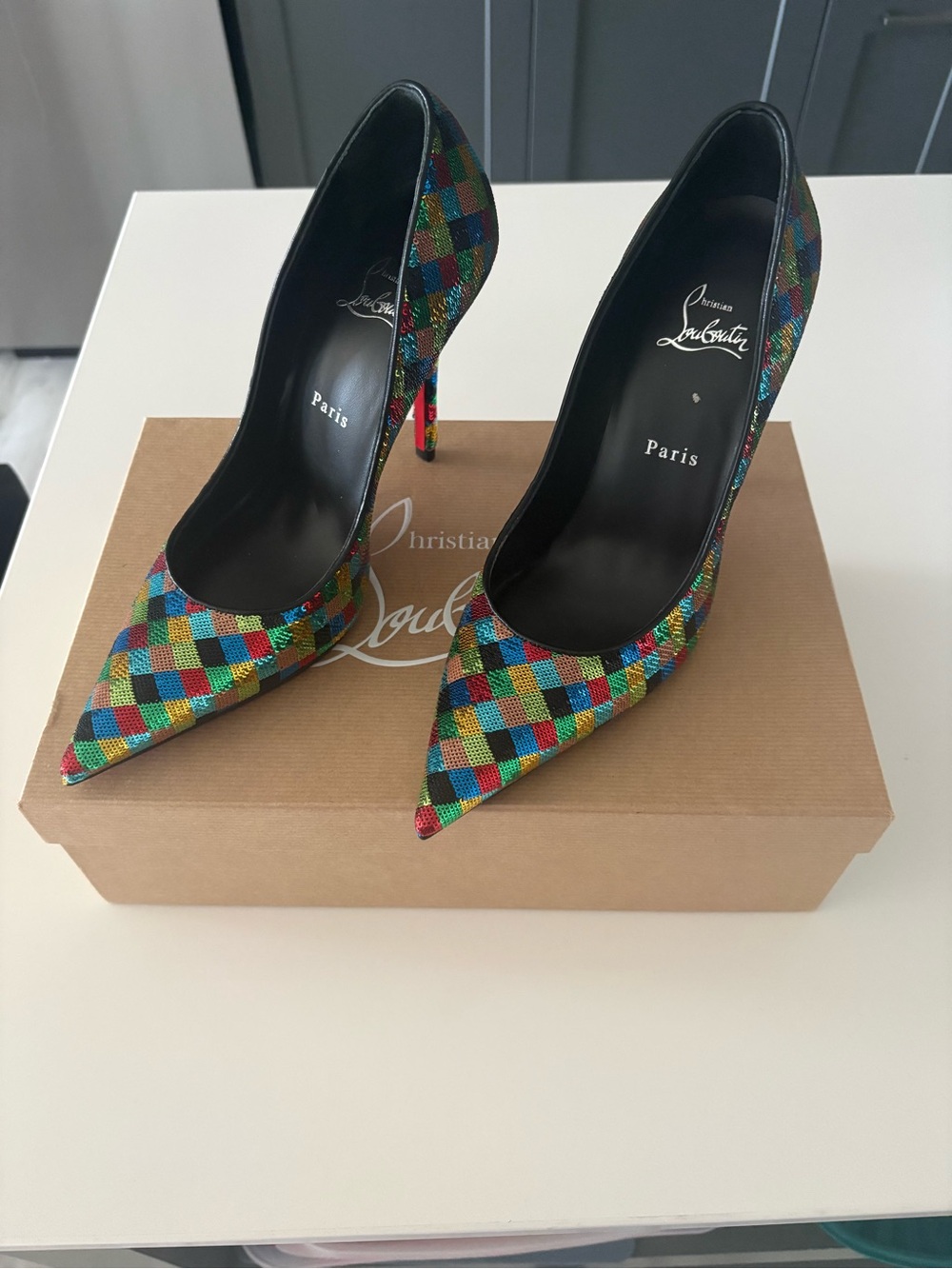 Christian Louboutin Multicolor Sequin Check Pointed Pumps